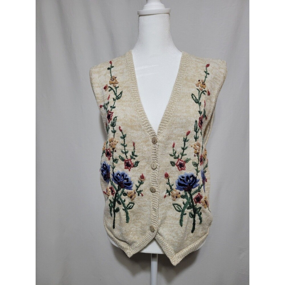 Vintage Cottagecore Women’s Beige Knit Floral Embroidered Sweater Vest M